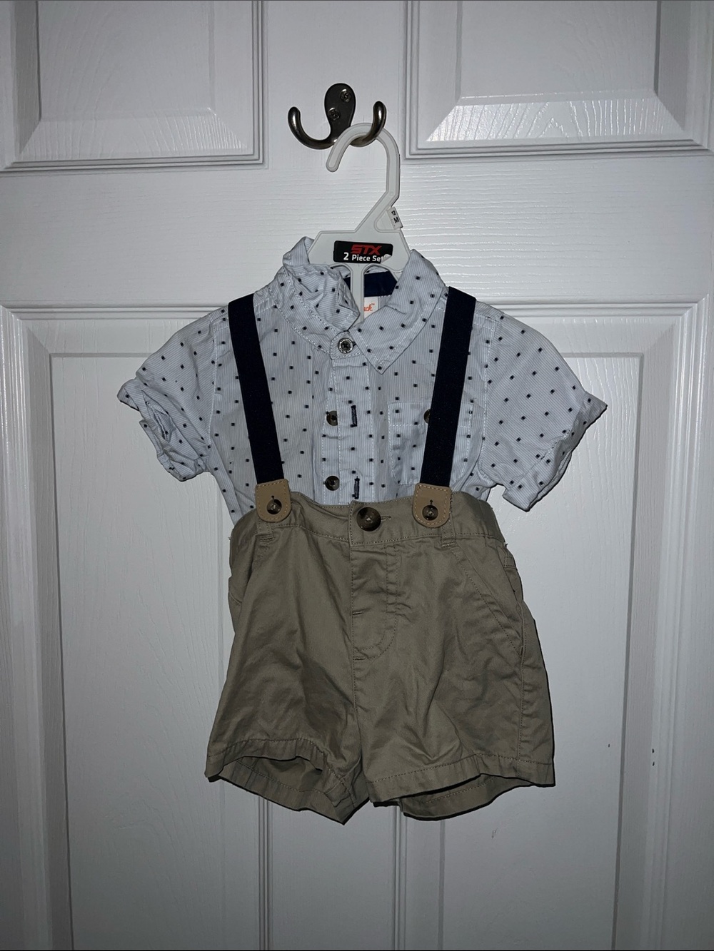 Cat & Jack Navy Suspenders with White Polka Dot Shirt and Tan Shorts